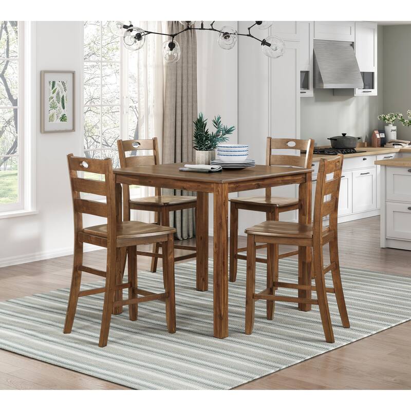 5 Piece Counter Height Dining Table and Chair Set, Wooden Kitchen Furniture Set with Square Table and 4 Chairs - Walnut