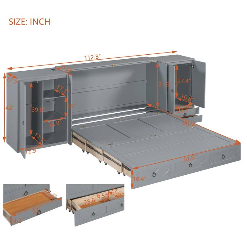 Queen Size Solid Wood Murphy Bed with Charging Station, Built-In Wardrobes, Drawers, and Foldable Cabinet Design