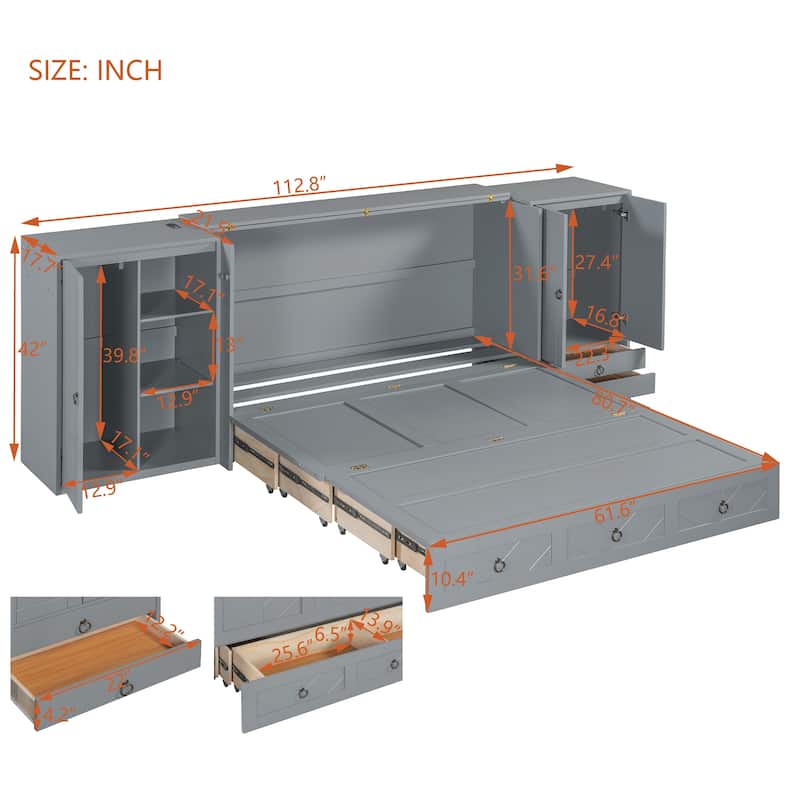 Queen Size Wood Hidden Murphy Bed with Storage Wardrobes and Drawer, Foldable Wall Bed with USB Charging Station & Dual Cabinet聽