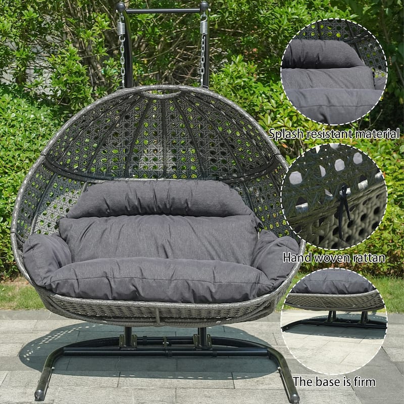 2-Person Hanging Egg Swing Chair with Metal Stand Handcrafted Wicker Breathable Cushion
