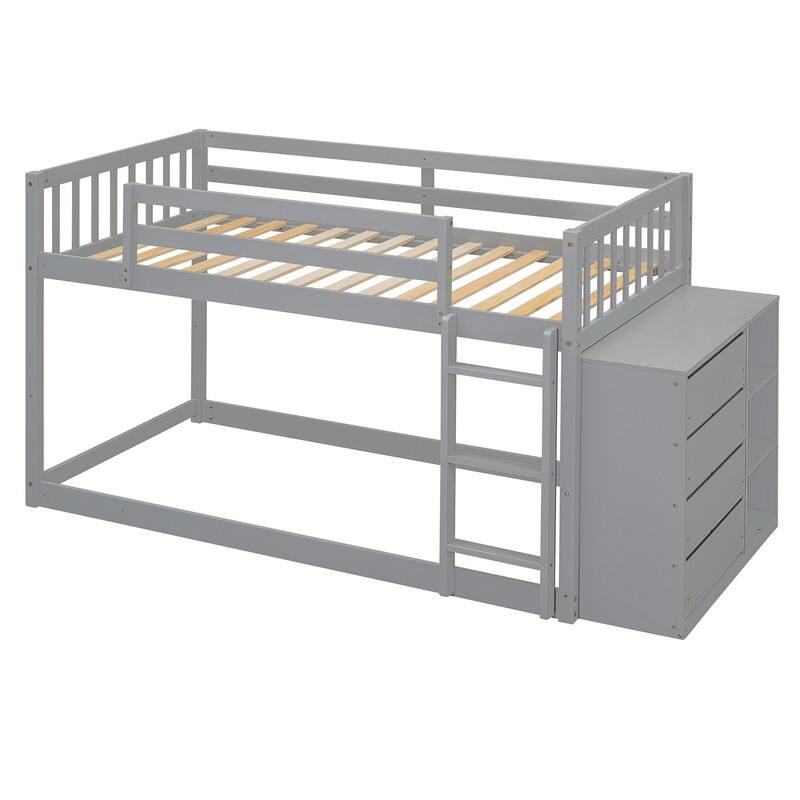 Twin Over Twin/Full Over Full Floor Bunk Bed with Drawers and 3 Storage Shelves, Solid Wood Low Bunk Bed Frame with Ladder