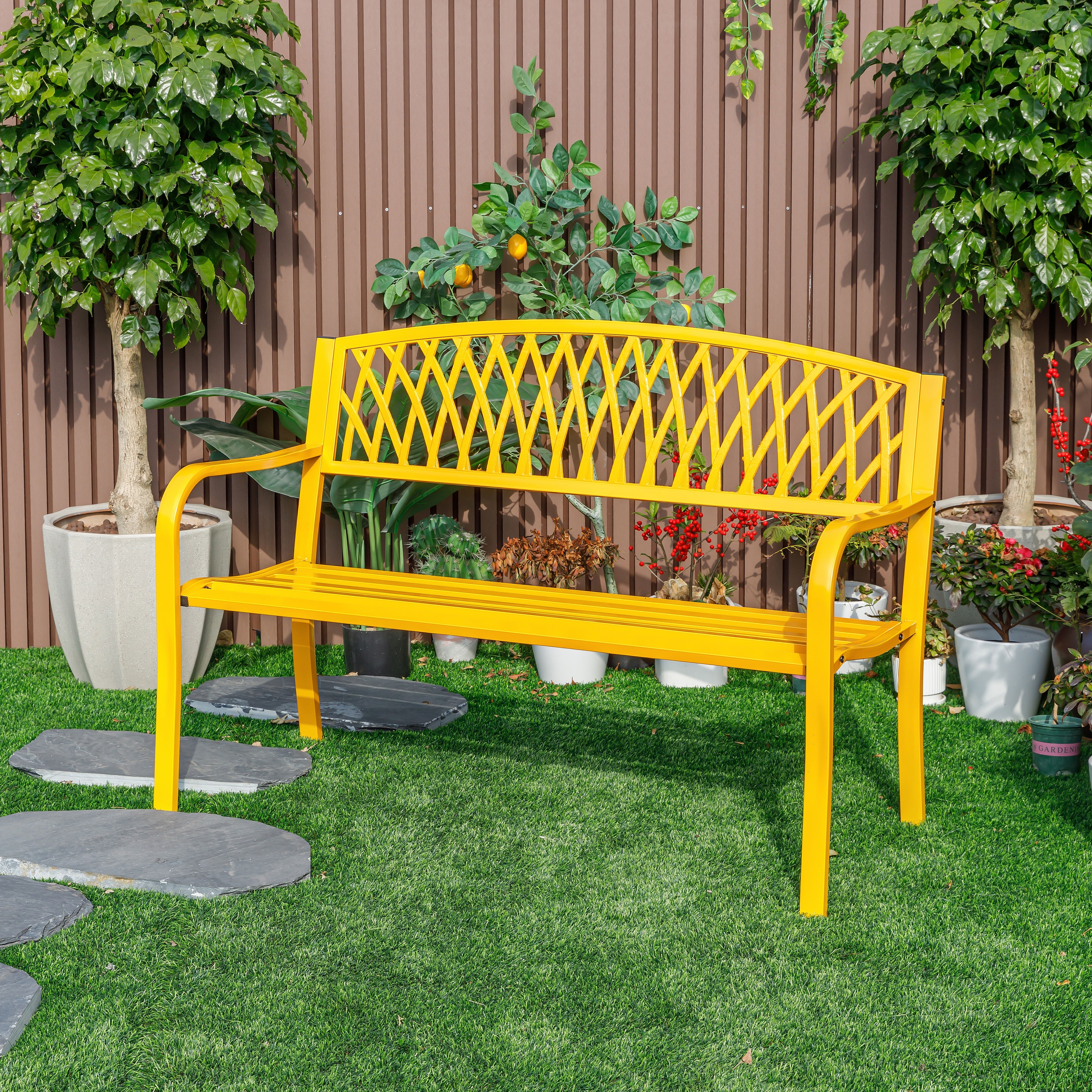 Sunny Days Ahead Yellow Steel and Cast Iron Garden Bench