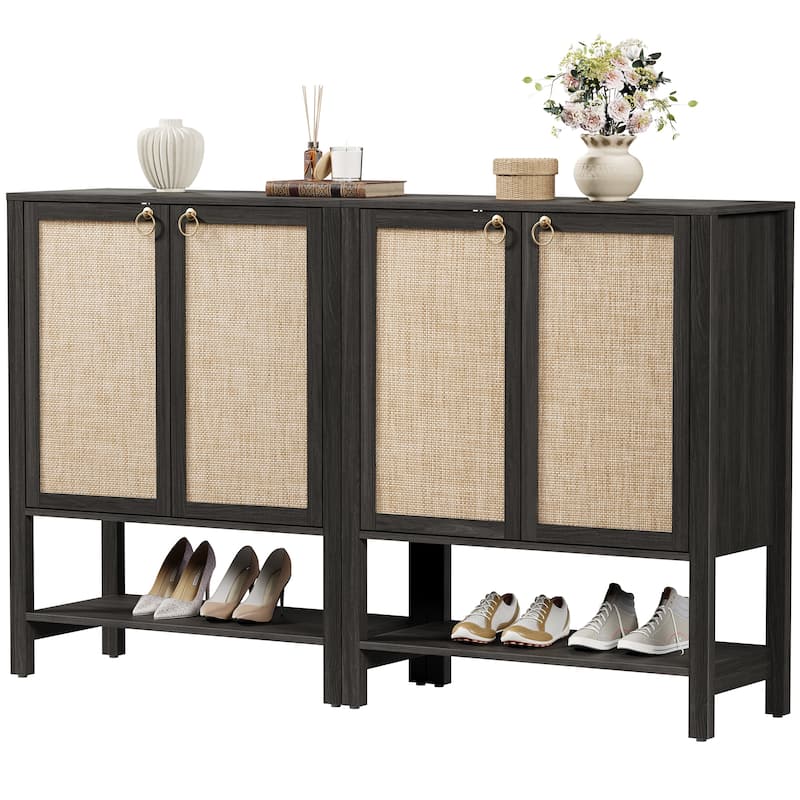 Rattan - Doors Shoes Cabinet with Adjustable Interior