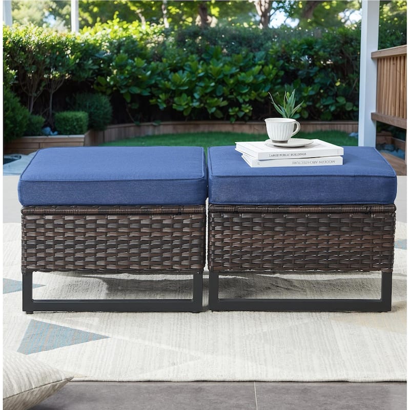 Gymojoy Outdoor Rattan Wicker Ottoman Seat - Brown - Blue