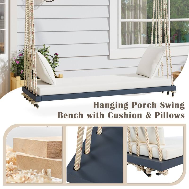 Porch Wooden Swing Chair with Hemp Ropes, Patio Hanging Swing Bench with Cushion & 2 Pillows