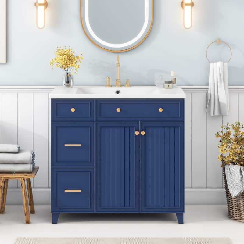 36" Bathroom Vanity Navy Blue Single Sink Bathroom Cabinet with Drawers - 36 Inch
