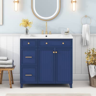 36-inch Bathroom Vanity, Transitional Style Bathroom Cabinet with Resin Sink, Navy Blue Single Bathroom Cabinet, with 2 Drawers