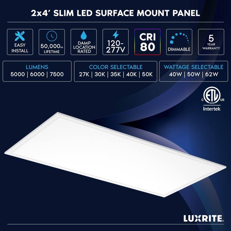 LUXRITE 2x4 FT. Slim Surface Mount Panel Light 5CCT Dimmable 5000/6000/7500 Lumens 40/50/62W Edge Lit ETL Listed