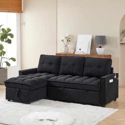 78.75" Reclining Pull-Out Sofa Bed, L-Shaped with Storage, USB/Tape-C Ports, Chenille, Black