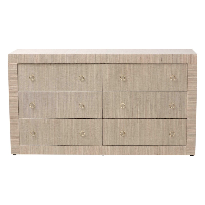 Sage Natural Grasscloth Dresser - 6-Drawer Bedroom Storage Cabinet with Gold Ring Pulls, Modern Coastal Chest of Drawers