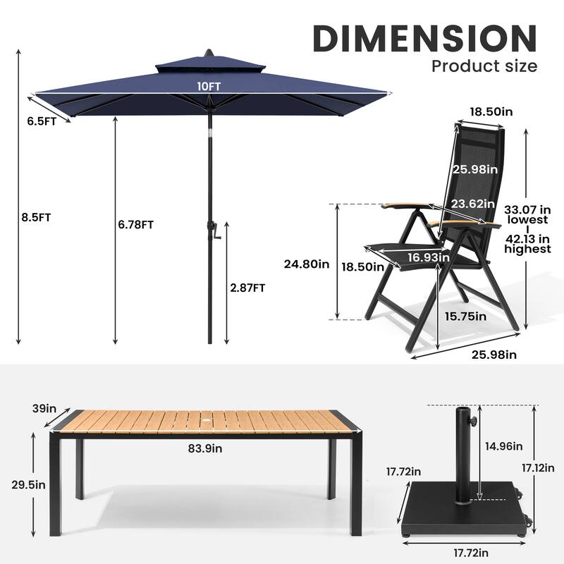 9/11-Piece Outdoor Patio Dining Set Aluminum Dining Table and Chairs w/10 ft Market Umbrella and Base with Wheels