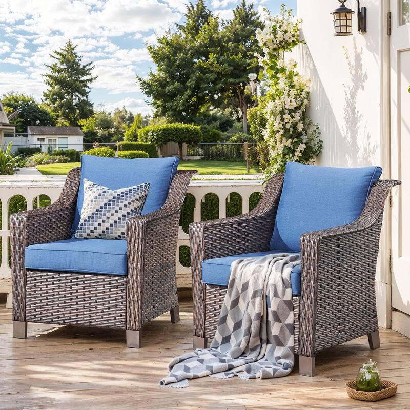 Pocassy All-Weather Rattan Patio Funiture Set - Brown Wicker / Blue Cushion - 2-Piece Patio Chair