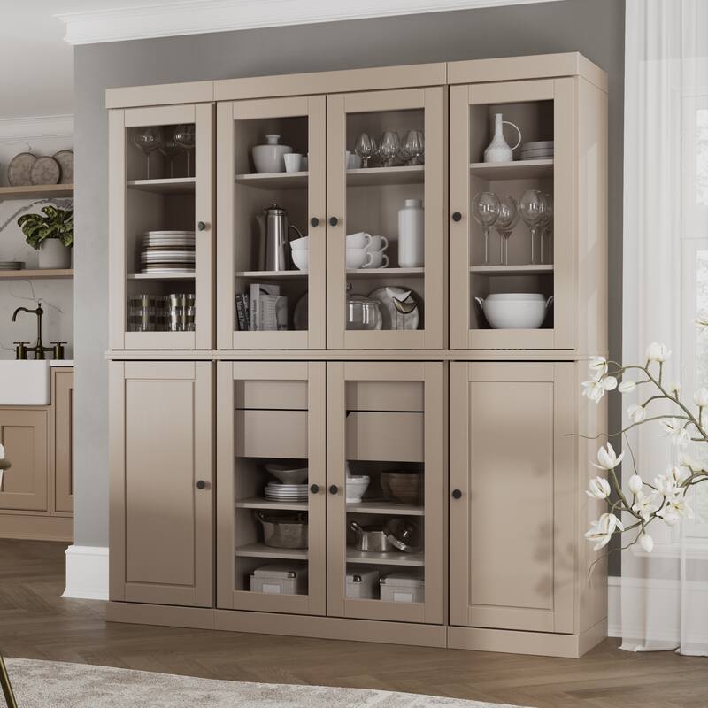Palace Imports 100% Solid Wood Pantry China Cabinet, Raised Panel & Clear Glass Doors, 2 Drawers, 65" Wide, 71.5" Tall - Beige