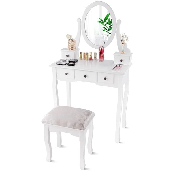 Shop Costway Makeup Desk Vanity Dressing Table Oval Stool 5