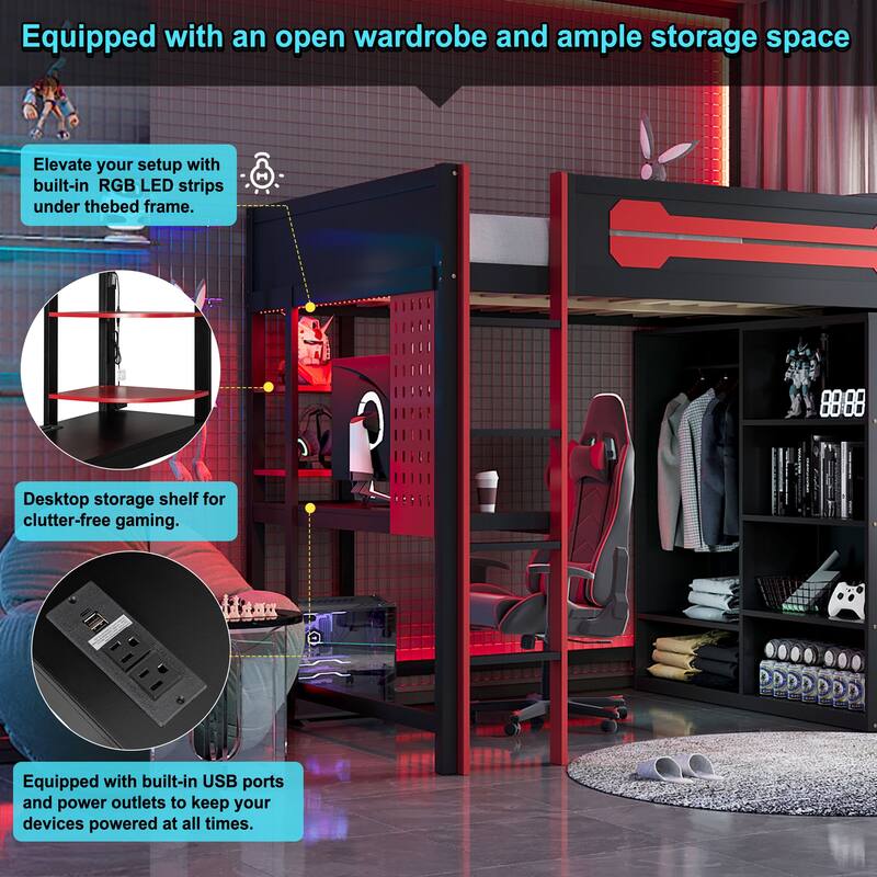Full Size Wood Loft Bed with Desk, Open Wardrobe and RGB Light