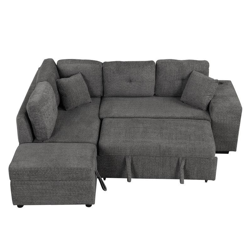 87.7" Convertible Sleeper Sofa Bed with Storage, 2 Pillows, 2 Stools, Charger & USB Ports, Dark Gray, Chenille