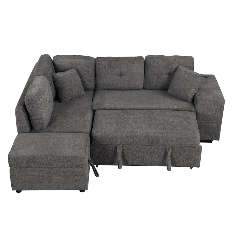 Roomfitters Convertible Sleeper Sectional Sofa Bed with Storage Ottoman, Two Throw Pillows, Two Stools, Wireless Charger