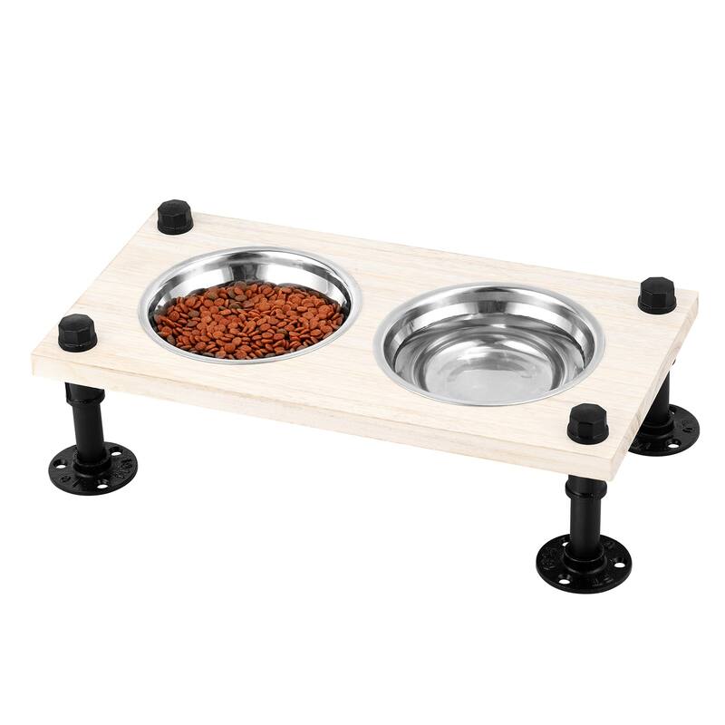 Solid Wood Elevated Dog Feeder with Industrial Metal Legs - White
