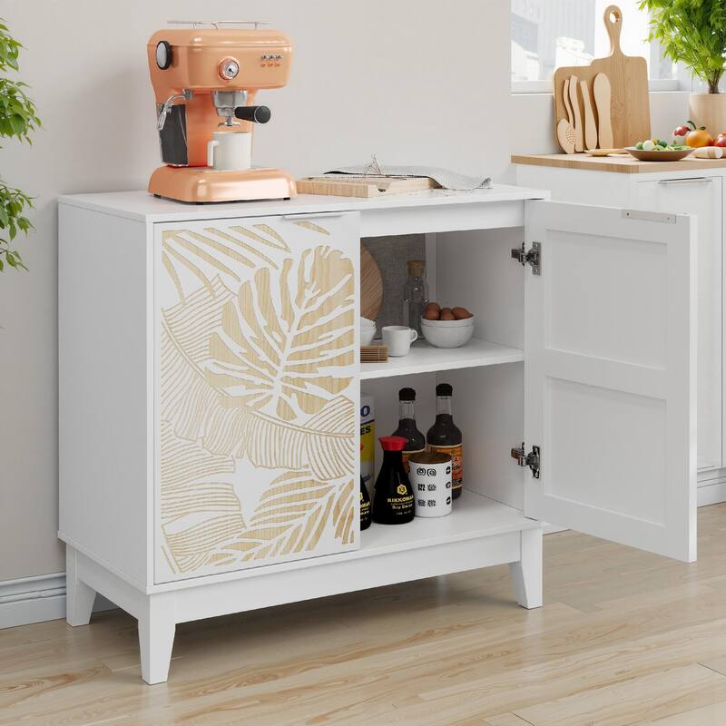Roomfitters Coastal Storage Cabinet with Tropical Leaf Pattern Doors, Sideboard Buffet Organizer with Wood Accents, White