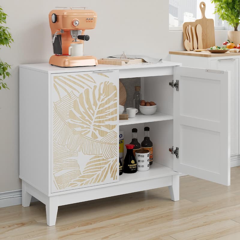 Small Carved Buffet Cabinet with Adjustable Shelves, Storage Sideboard