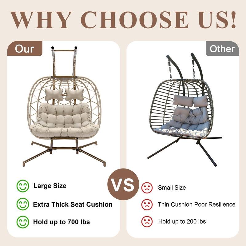 Oversized Outdoor Double Egg Hanging Chair with Cushions, 700 lbs Capacity Swing Chair for Indoor or Patio