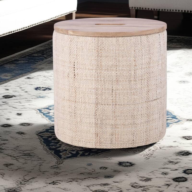 Handwoven Storage Ottoman with Rounded Wooden Top Lid - Solid Wood Frame, Hidden Storage Compartment