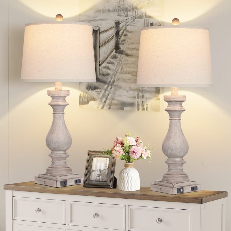 27.5'' Bedside Gray Table Lamp Oatmeal Linen Shade, USB/Type-C Charging, 3-way Dimmable LED Bulb (Set of 2) - 12.5'' x 12.5'' x 29'' (L x W x H) - Grey