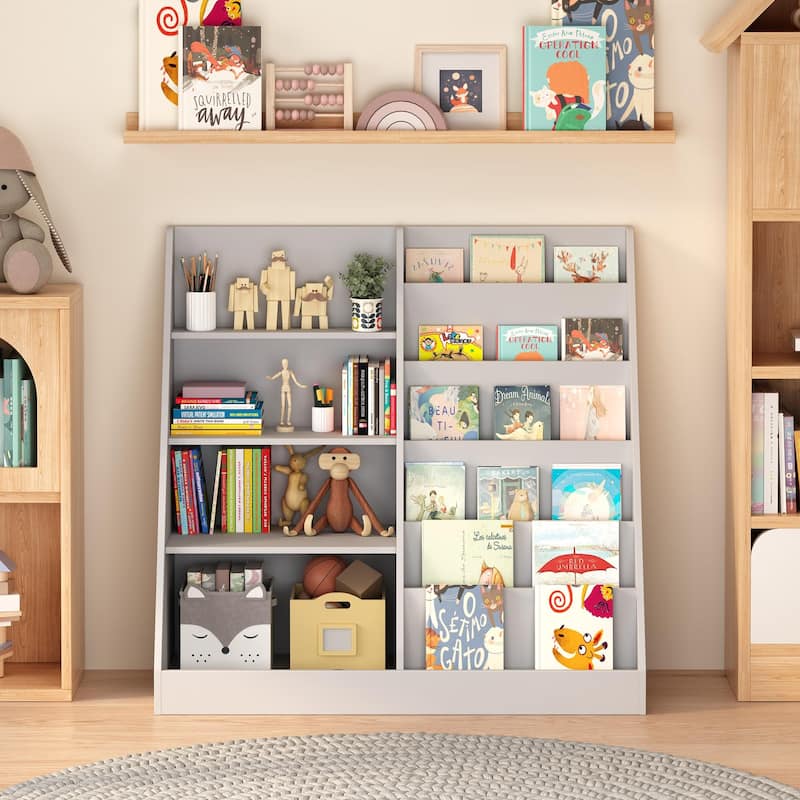 Kids Bookshelf and Toy Storage Organizer, Multifunctional 4 Tier Wooden Kids Book Shelf with Bookcase Display Stand