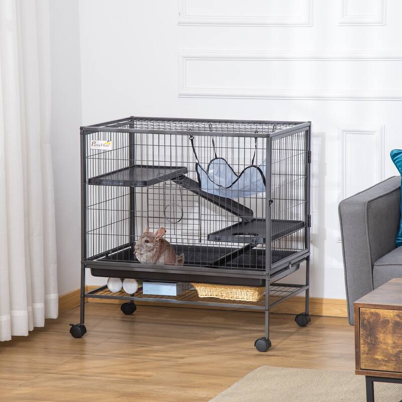 PawHut Small Animal Cage with Wheels, Pet Playpen for Rat, Syrian Hamster, Kitten, Ferrets, Chinchillas with Bottom Shelf