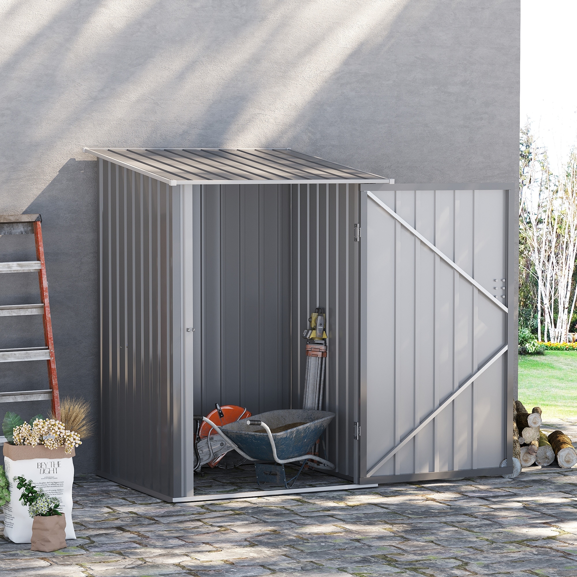 Outsunny 3.3' x 3.4' Lean-to Garden Storage Shed, Outdoor Galvanized Steel Tool House with Lockable Door for Patio