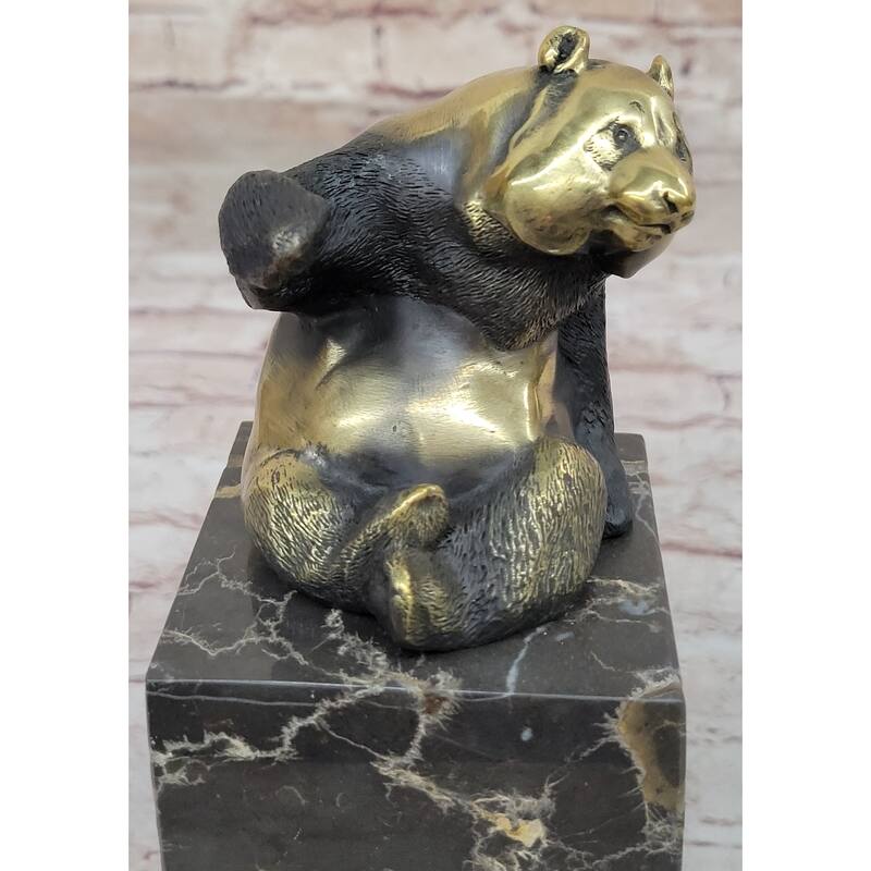Real Bronze Panda Bear Bronze Figurine Sculpture On Marble Base By Milo