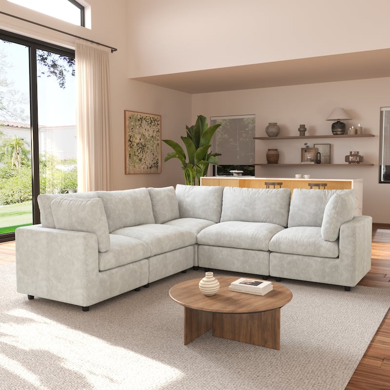 100.5'' V-shape Cloud Corner Sectional Sofa Chenille 5-Piece Modular Couch for Living Room Set - Beige-5seats