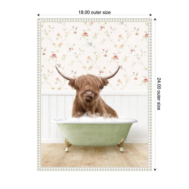 Kate and Laurel Sylvie Highland Cow in Cottage Farm Bath Framed Canvas by Amy Peterson