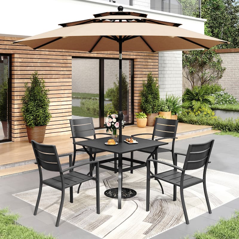 MAISON ARTS 6-Piece Outdoor Dining Set with 10ft 3 Tier Auto-tilt Umbrella, Metal Square Table & 4 Stackable Chairs - Beige Umbrella