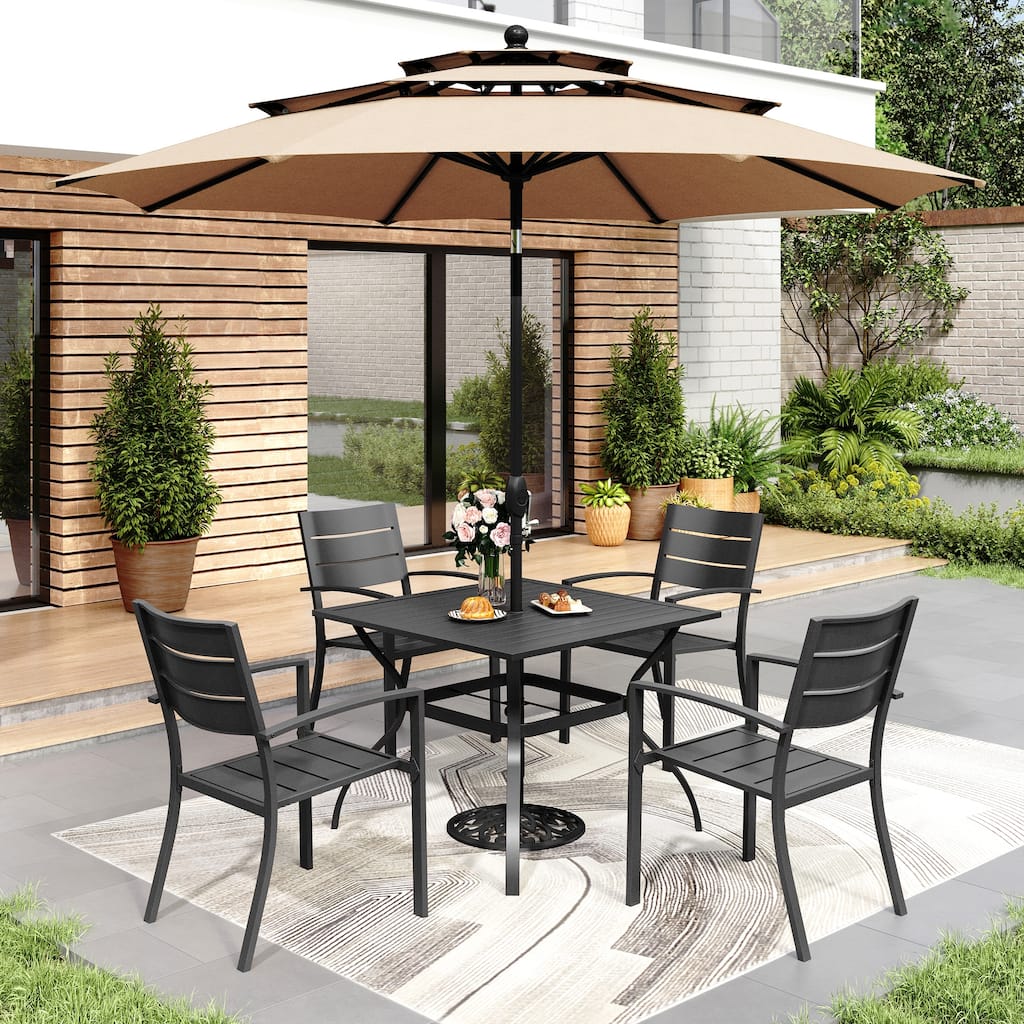 MAISON ARTS 6-Piece Outdoor Dining Set with 10ft 3 Tier Auto-tilt Umbrella, Metal Square Table & 4 Stackable Chairs
