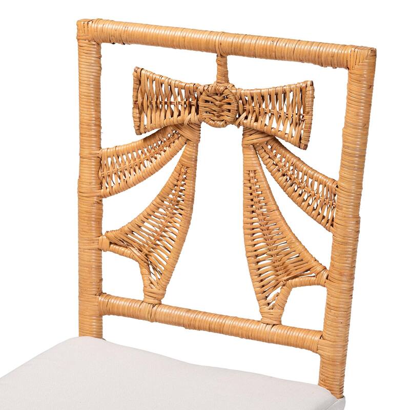 Abia Natural Rattan Dining Chair - Handwoven Wicker Accent Side Chair with Bow and Ribbon Design, Artisanal Seating