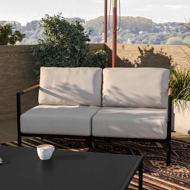 Metal Frame Loveseat with Teak Arm Accents and Plush Cushions - Beige