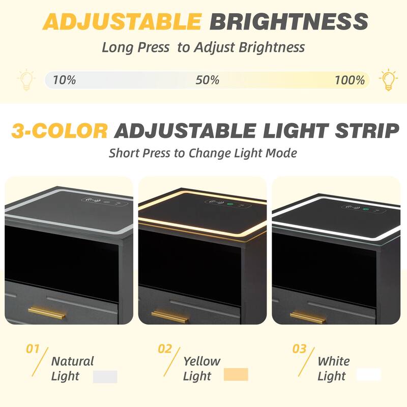 EROMMY Smart Nightstand with Wireless Charging, USB Ports, and Adjustable LED Lighting – Modern Bedside Table with 3 Drawers