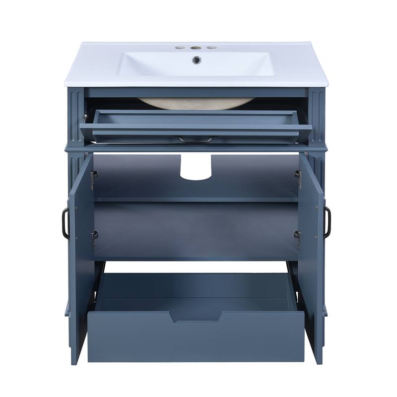 Bathroom Vanity with Ceramic Sink, Solid Wood Bathroom Sink Vanity, Storage Cabinet with Pull-Out Drawer & Tip-Out Drawer