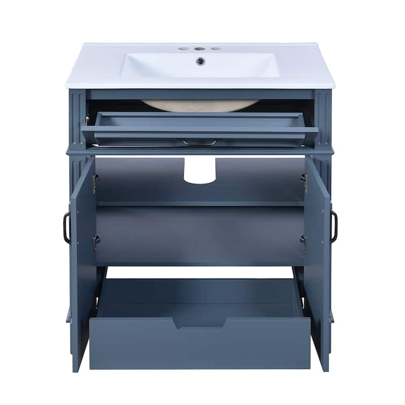 Roomfitters 30" Vanity with Ceramic Sink, Solid Wood Frame Cabinet with Soft Closing Doors, Retro Freestanding Design, Blue