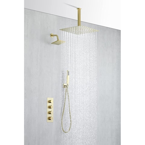 brushed gold dual shower heads 3 way thermostatic shower system - 7'6" x 10'9"