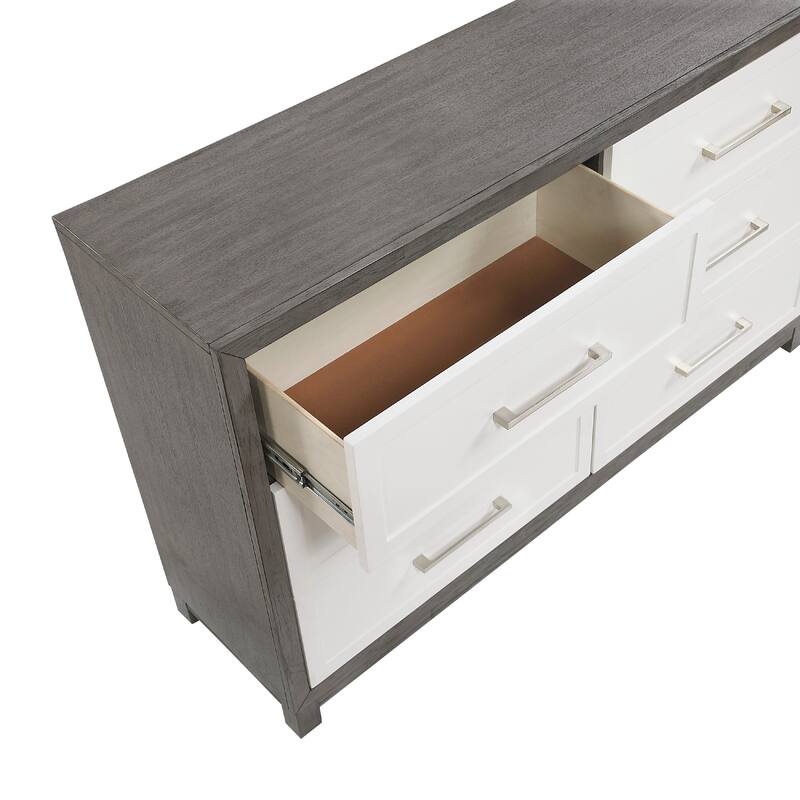 Rowy 61 Inch Dresser, 6 Drawer Bar Handles, Ivory and Gray Veneer