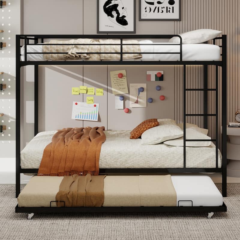 Metal Bunk Bed with Trundle and Safety Rails Modern Minimalist Design for Kids Guest or Shared Rooms