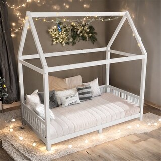 Twin House Bed with Guardrail and LED, White