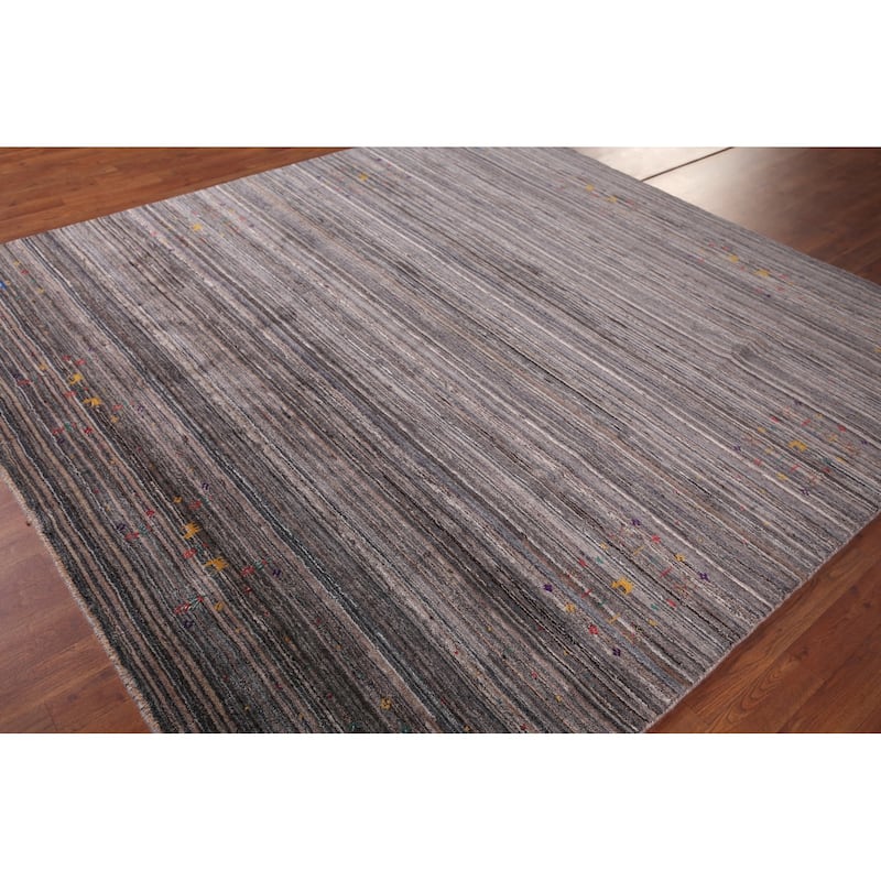 Striped Tribal Gabbeh Indian Square Area Rug Hand-Knotted Wool Carpet - 7'7"x 8'0"