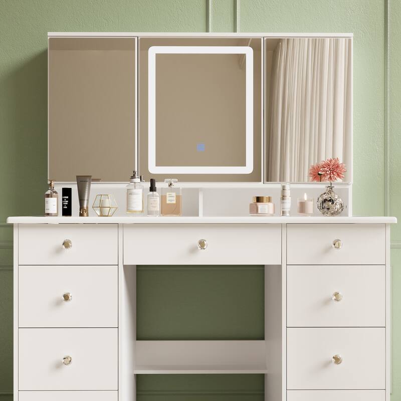 43" White Makeup Vanity Desk with LED Lighted Mirror, Tempered Glass Top, 9 Drawers Storage Dressing Table