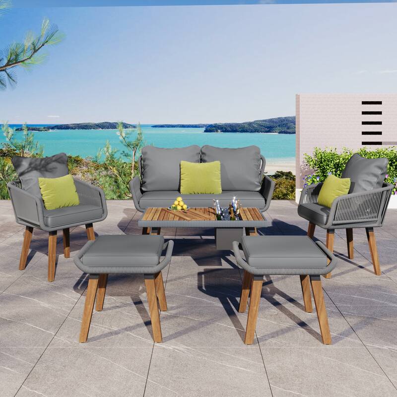 6 Pcs Patio Furniture Set, All-Weather Conversation Sets with Cushions Armchairs, Acacia Wood Bar Table and Ice Bucket