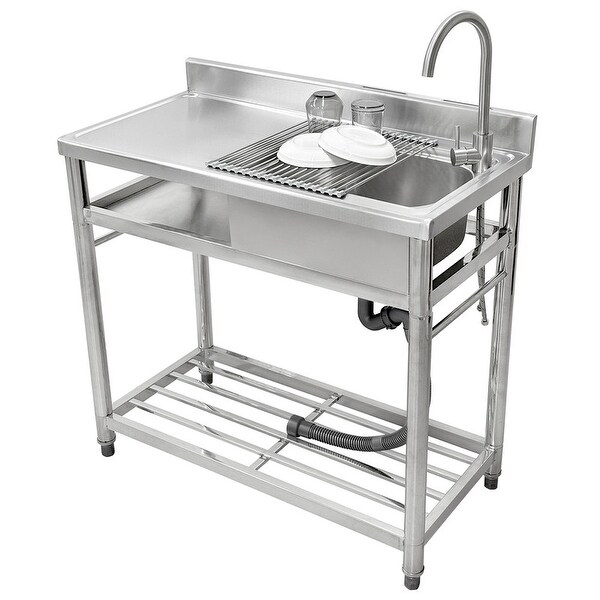 Stainless Steel Free Standing Kitchen Sink Outdoor Commercial Restaurant Washing Hand Basin Set w/Faucet,Utility Single Bowl Pool w/Workben 並行輸入品 Stainless Steel Utility Sink kitchen Sink Free Standing Single Plumbing  Workbench Storage Commercial Sink