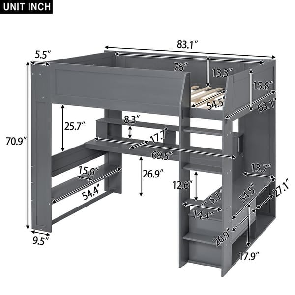 Full Size Multi-storage Wood Gaming Loft Bed with Built-in Desk and Charging Station