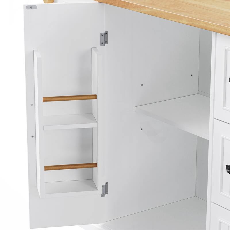 Kitchen Island with Rubber Wood Veneer Drop Leaf, Power Outlet, 4 Door Shelves